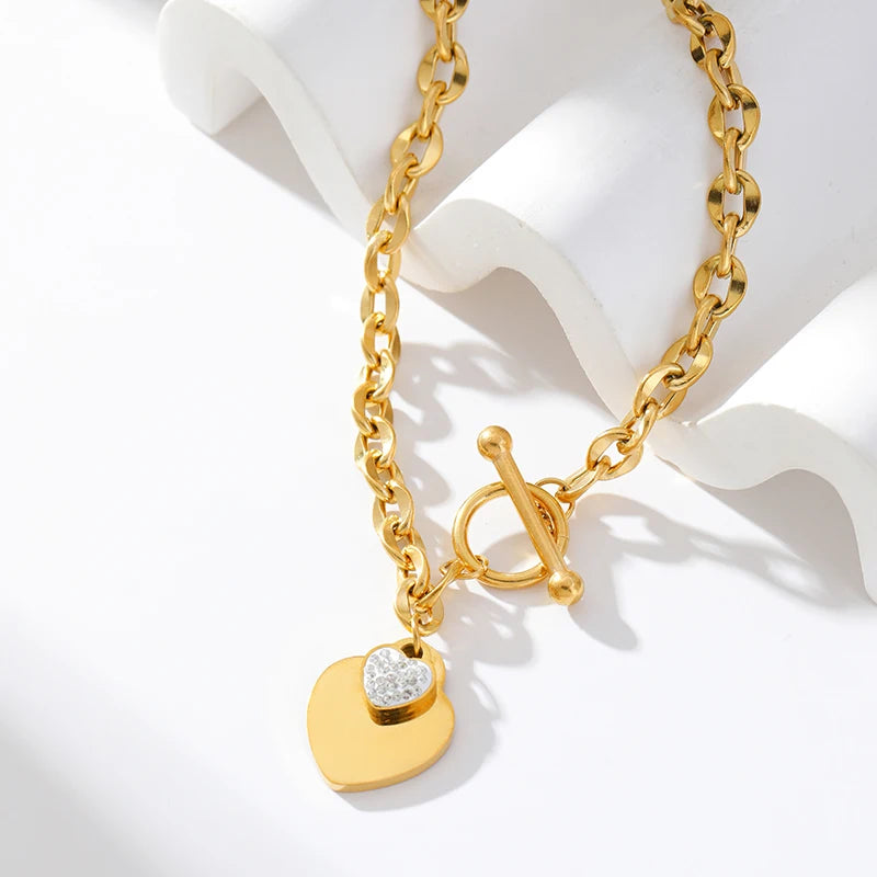 Elegant 3-Color Double Heart Necklace & Bracelet Set – Stainless Steel, Gold/Silver, Waterproof Crystal Jewellery for Women