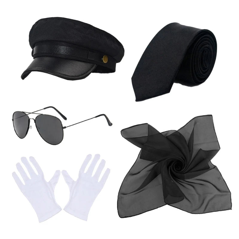 Men’s Chauffeur Costume Kit – Limo Driver Hat, Gloves, Tie & Sunglasses – Cosplay & Theme Party Accessories