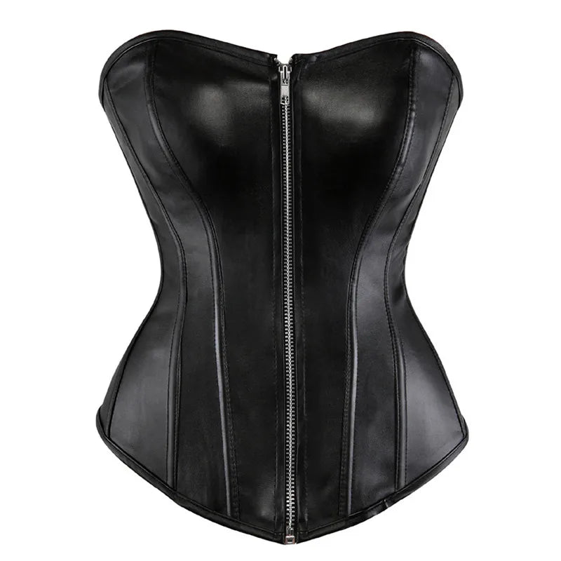 Caudatus Plus Size Faux Leather Overbust Corset – Sexy PU Bustier with Zipper, Burlesque Lingerie for Women