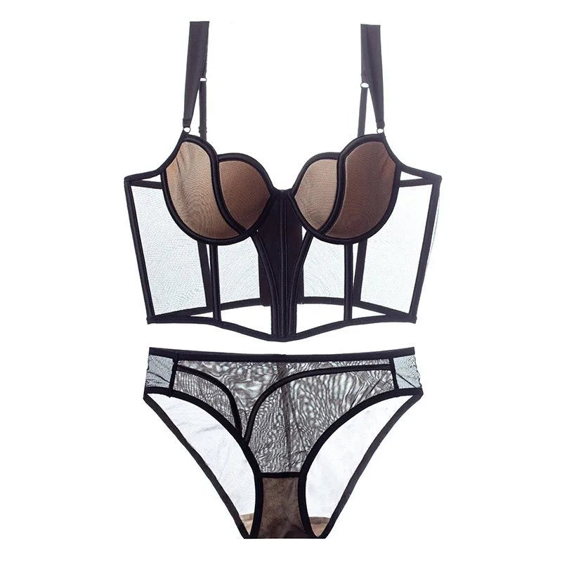 French Lace Dobby Corset Lingerie Set – Soft Bra & Panties for Women, Romantic Wedding Body Shaper & Cropped Top Underwear