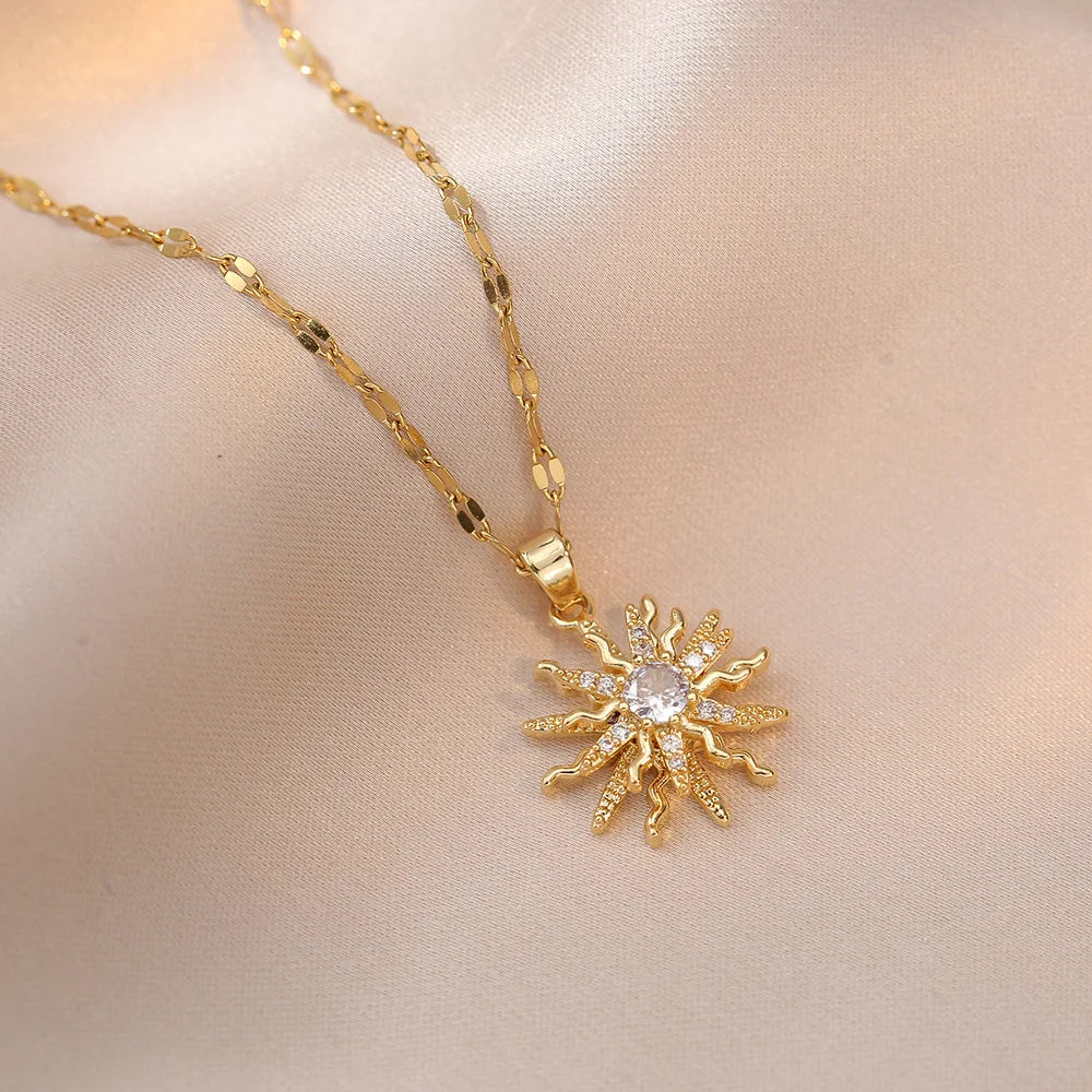 Rotating Flower Pendant Necklace – Antique Gold Stainless Steel Chain with White Zircon Sun Design for Women