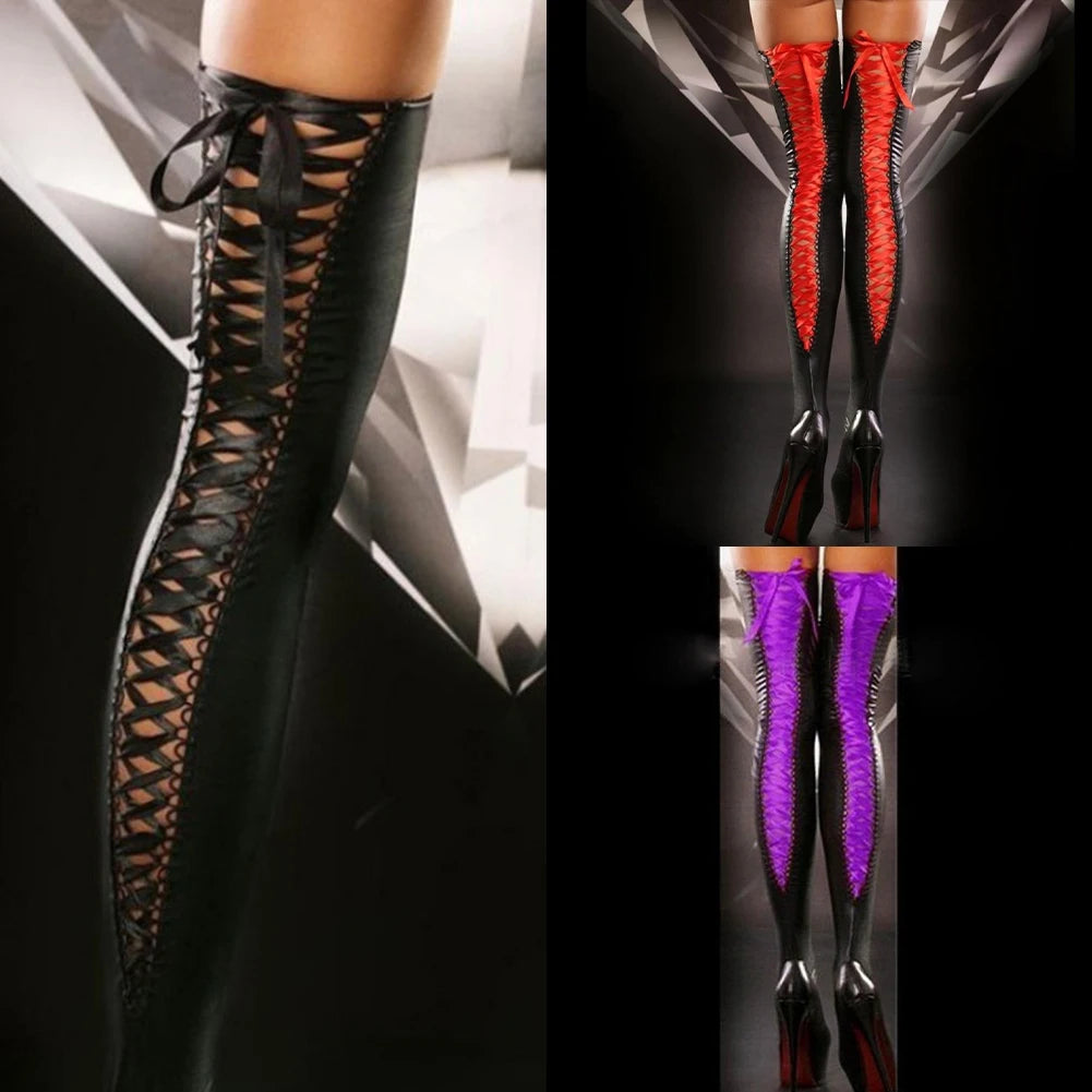 Lace Up & Stand Out – Thigh-High Patent Leather Stockings