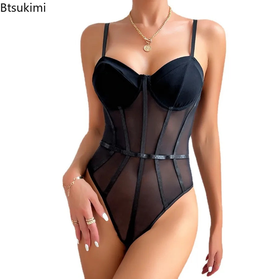 Seductive Sheer Bodysuit – Alluring See-Through Mesh with Halter Neck, Curve-Hugging Shapewear Fit, Thong Back, and Corset-Inspired Design