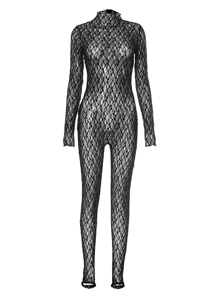 Sexy Lace See-Through Jumpsuit – Coquette Long Sleeve Stand Collar Clubwear for Women, Stretchy Night out Outfit