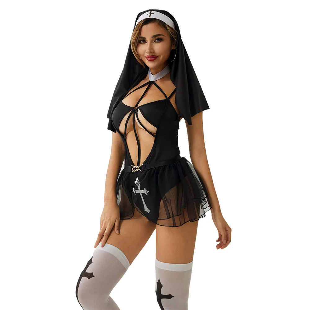 Anime Girl Nun Costume – Women’s Cross Bodysuit Outfit for Halloween & Cosplay