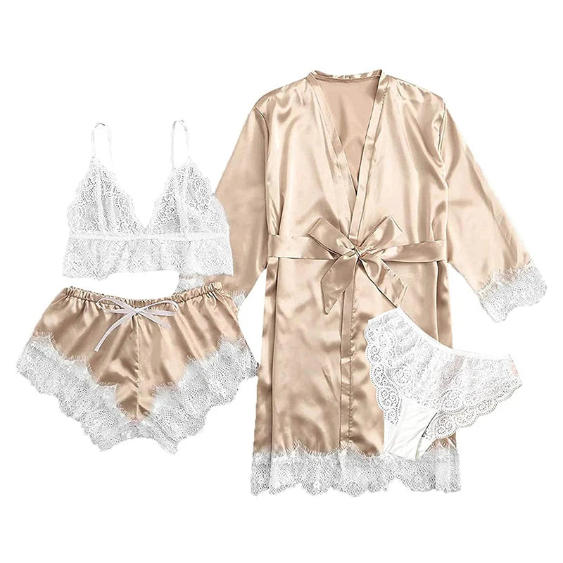 Luxury 4-Piece Satin & Lace Sleepwear Set – Sensual Summer Nightwear for Women