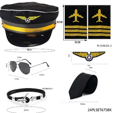 Pilot Costume Accessories Set of 4 – Hat, Badge, Tie & Sunglasses