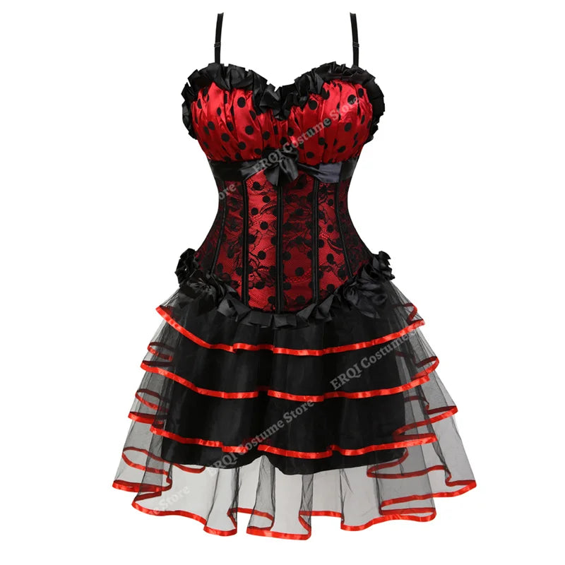 Sexy Red Corset Dress with Straps – Lace-Up Bustier Top & Mini Skirt Set, Showgirl Carnival Party Costume for Women