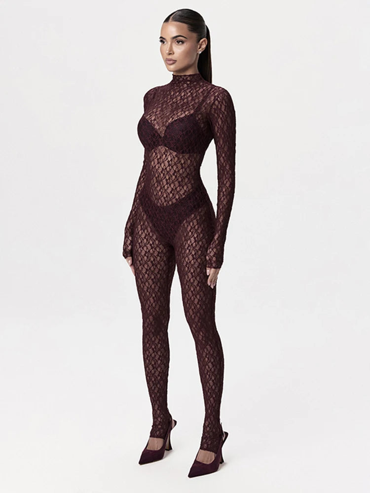 Sexy Lace See-Through Jumpsuit – Coquette Long Sleeve Stand Collar Clubwear for Women, Stretchy Night out Outfit