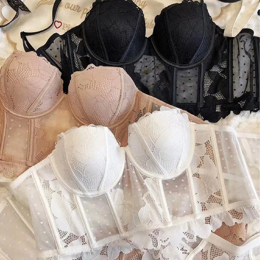 French Lace Dobby Corset Lingerie Set – Soft Bra & Panties for Women, Romantic Wedding Body Shaper & Cropped Top Underwear