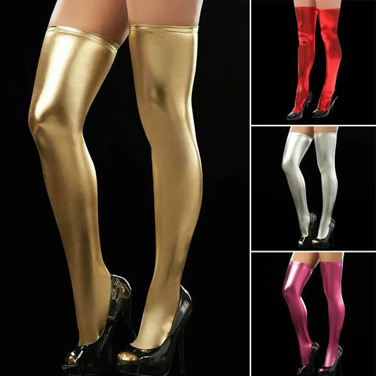 Women’s Exotic PU Leather Wet-Look Leggings – Sexy Over-the-Knee Thigh-High Clubwear Stockings