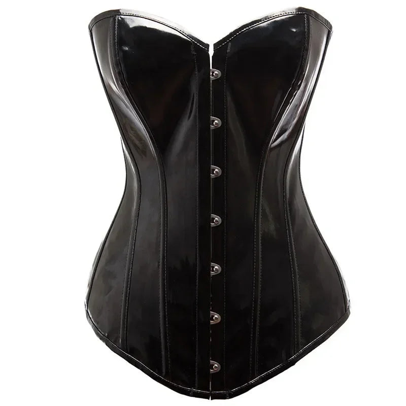Shiny Black PVC Corset Top – Glossy PU Leather Bustier Body Shaper for Women, Showgirl Costume