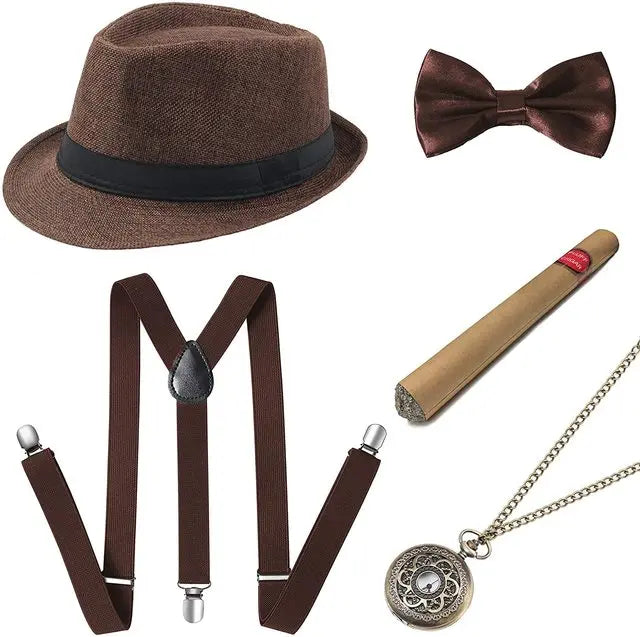 Roaring 20s Gatsby Gangster Accessory Kit – Vintage Panama Hat, Bow Tie & Suspenders for Dashing 1920s Cosplay or Speakeasy Style