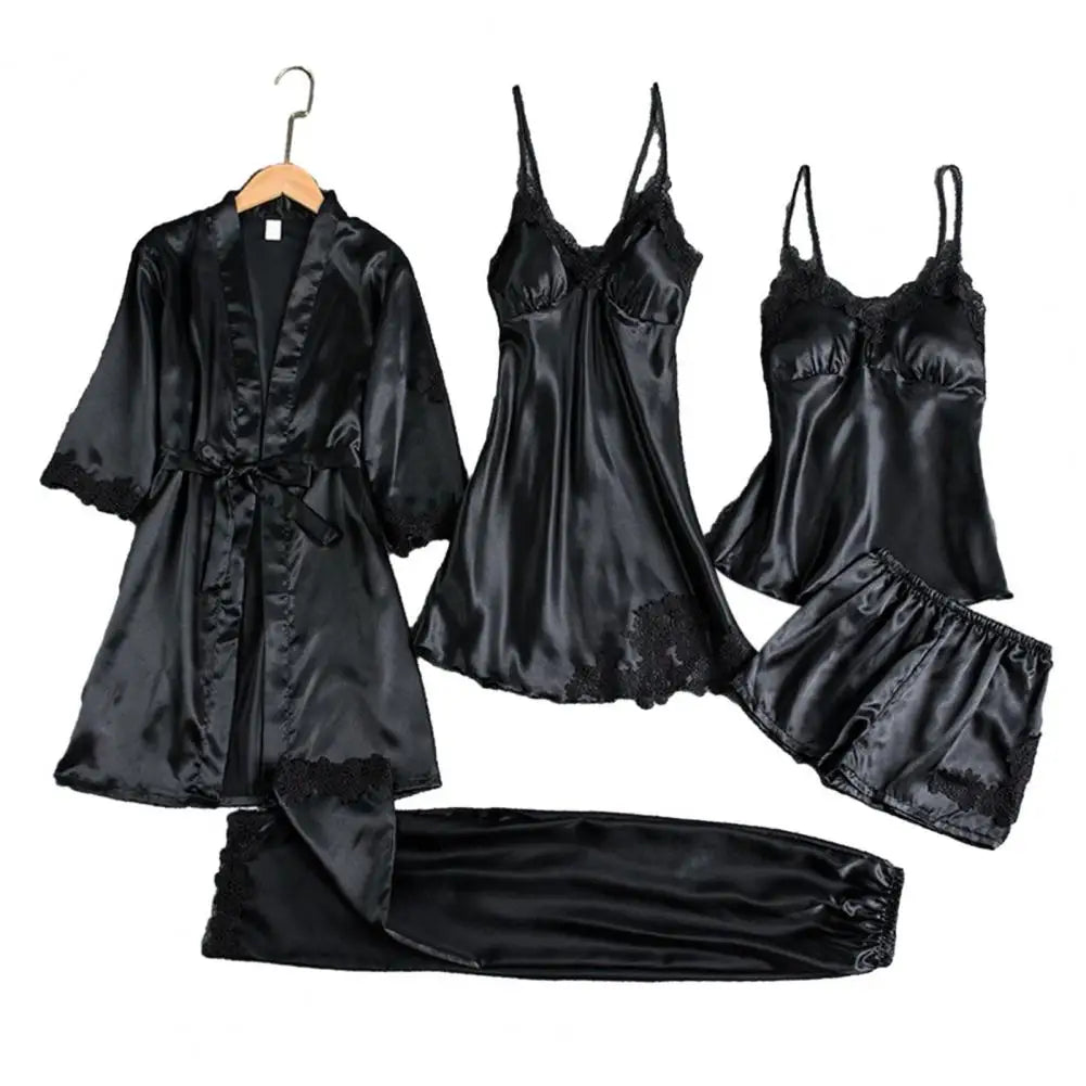 Elegant Women's 5-Piece Satin Pajama Set – Lightweight Lace Sleepwear with Robe, Dress, Top, Shorts & Pants