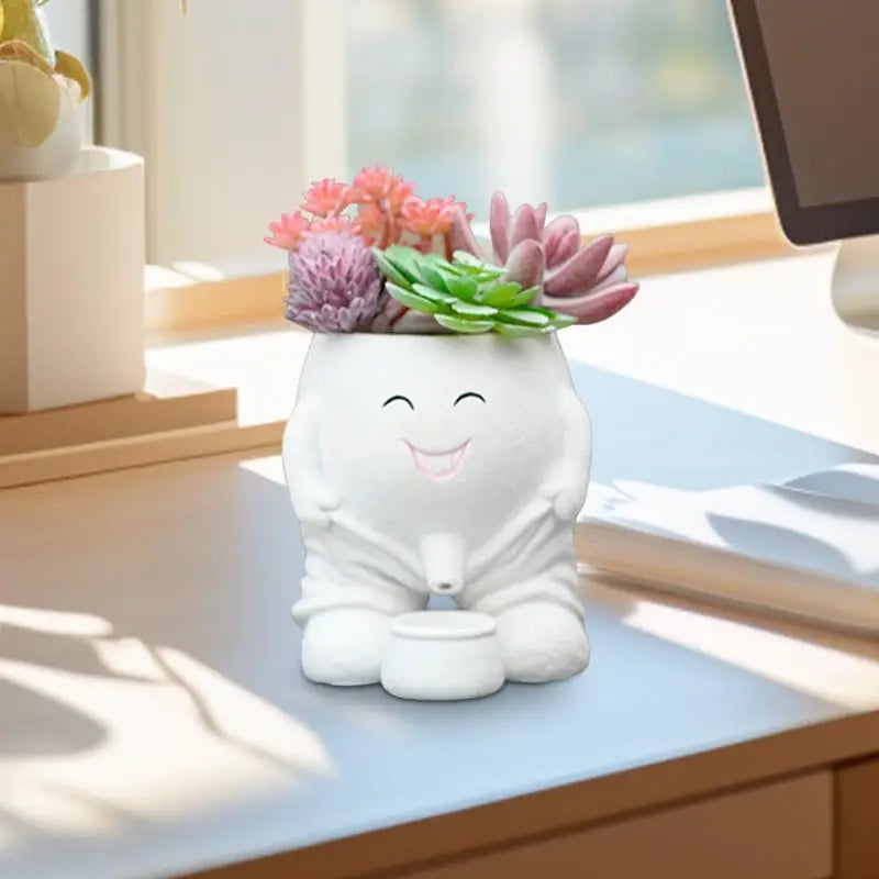 Human Face Flower Pot – Unique Fun Head Planter Vase with Drainage for Outdoor Plants, Garden, Patio, and Office Decor Funny Gift Present Peeing Boy