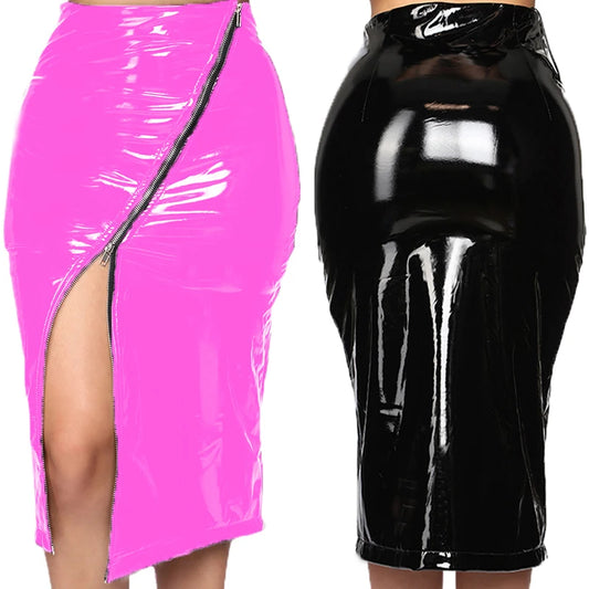 Seductive Women’s Full Zip Faux Leather PVC Pencil Skirt – High-Waisted Latex Skirt in 5XL, 6XL, 7XL for Nightclub & Party