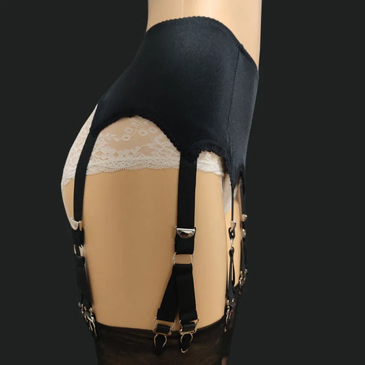 Vintage Sexy Women’s Garter Belt with Lace Stockings – Retro High-Waisted Suspender Belt with 6 Straps & 12 Claws