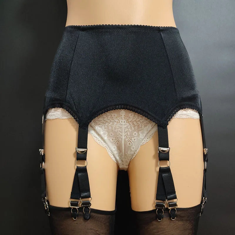 Vintage Sexy Women’s Garter Belt with Lace Stockings – Retro High-Waisted Suspender Belt with 6 Straps & 12 Claws
