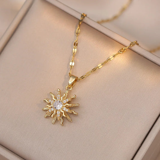 Rotating Flower Pendant Necklace – Antique Gold Stainless Steel Chain with White Zircon Sun Design for Women