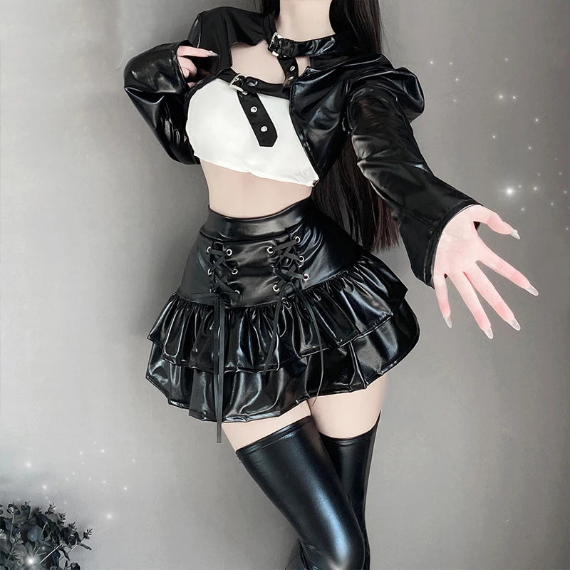 Sexy PVC Anime Student Girl Leather Combat Uniform Women Camgirl Outfits Cosplay Costume