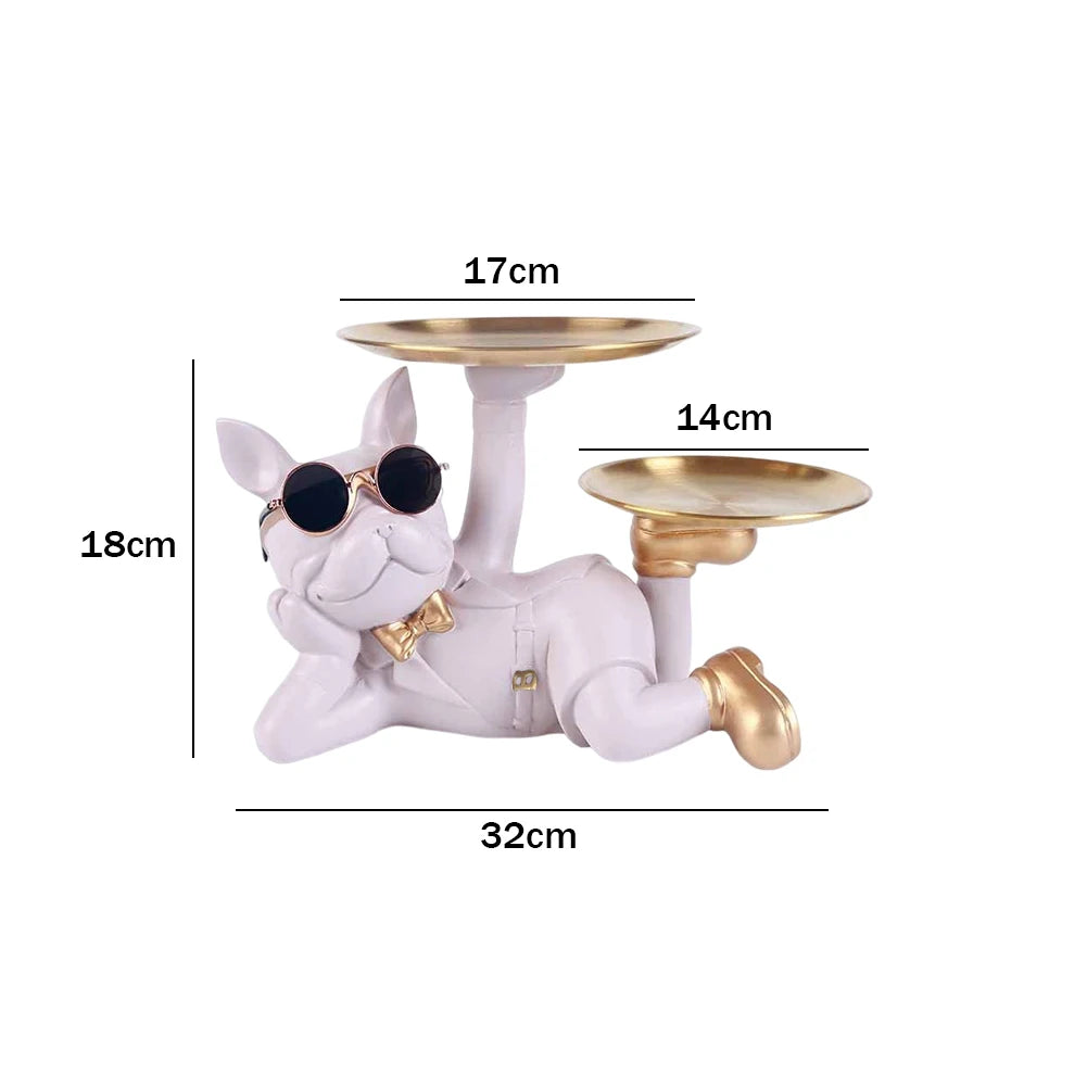 Bulldog Teddy “Cool Butler” Sculpture – Resin Dog Ornament with Storage Tray | Nordic Table Decor & Coin Piggy Bank