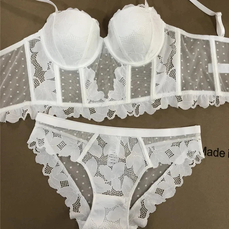 French Lace Dobby Corset Lingerie Set – Soft Bra & Panties for Women, Romantic Wedding Body Shaper & Cropped Top Underwear