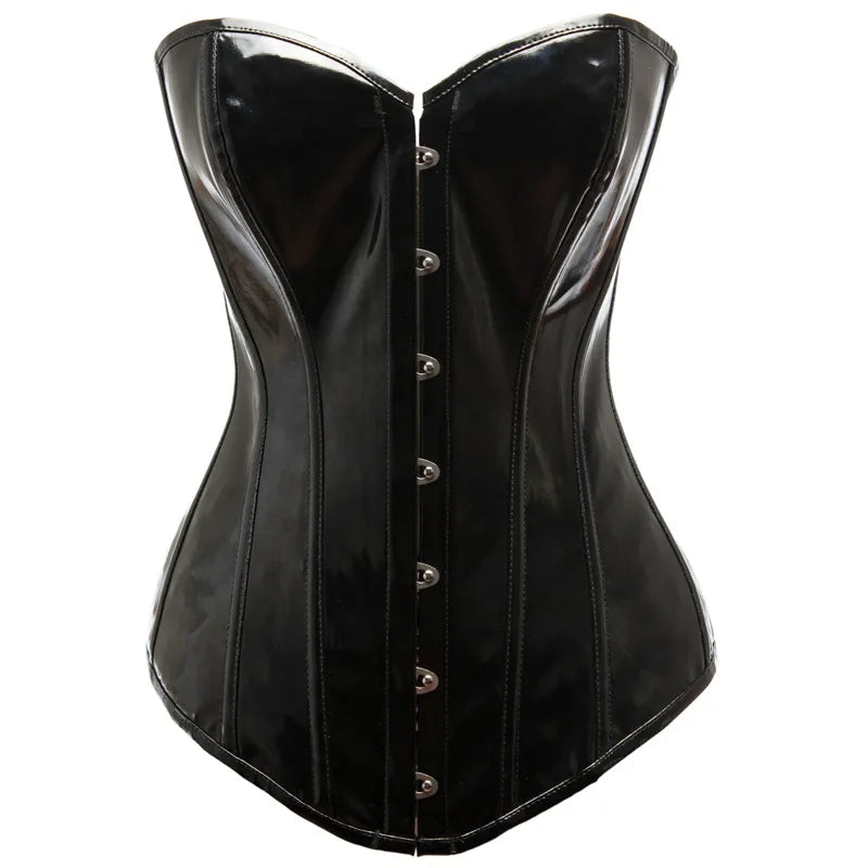 Shiny Black PVC Corset Top – Glossy PU Leather Bustier Body Shaper for Women, Showgirl Costume