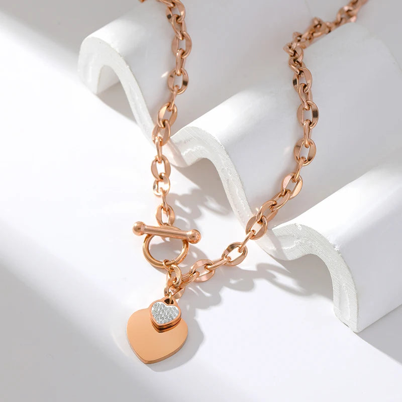 Elegant 3-Color Double Heart Necklace & Bracelet Set – Stainless Steel, Gold/Silver, Waterproof Crystal Jewellery for Women