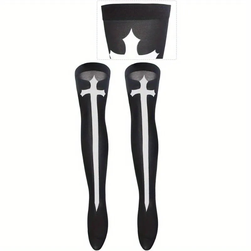 Accessory Set : Nun Costume Hat + Nun Collar+ Cross Pendent Necklace + Cross Print Stockings Ladie's Sexy Roleplay Set