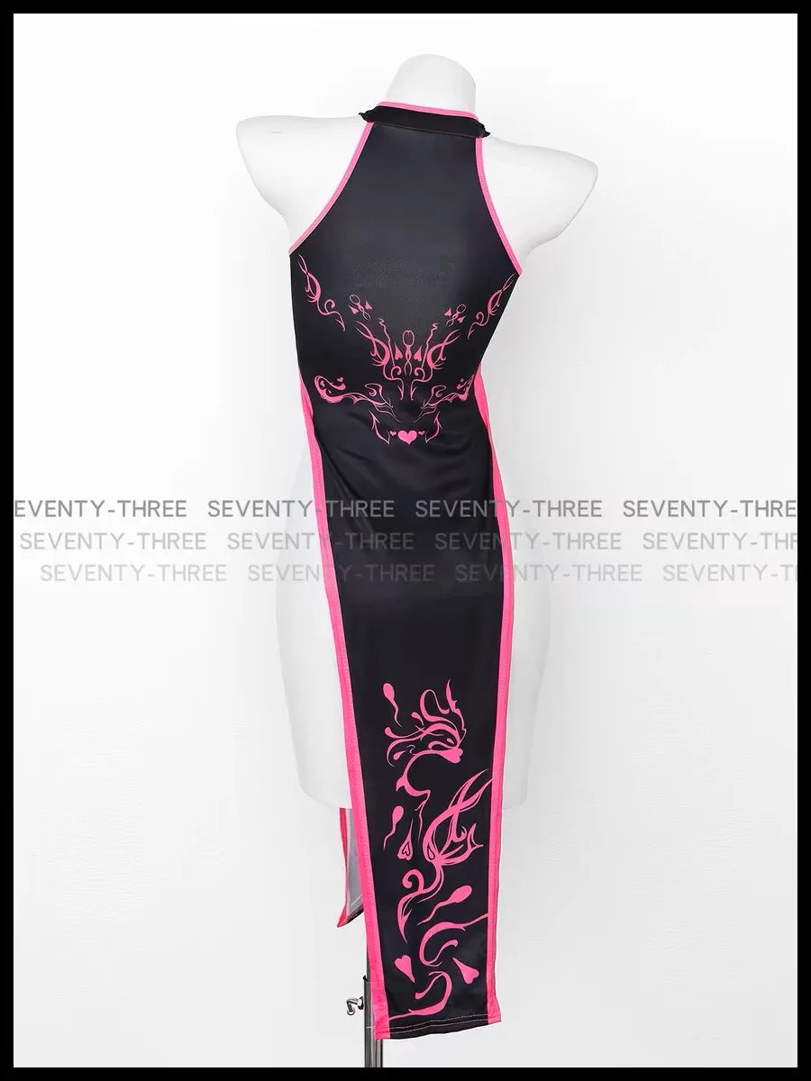 Sexy Retro Cheongsam Bodysuit & High-Slit Dress – Devilish Fairy Totem Demon Costume for Halloween & Cosplay