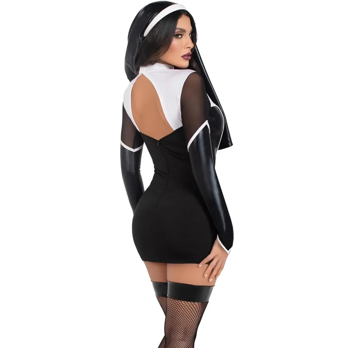 Sexy PU Leather Halloween Costume – Women's Long Sleeve Cut-Out Cosplay Dress (Maid/Nun Inspired)