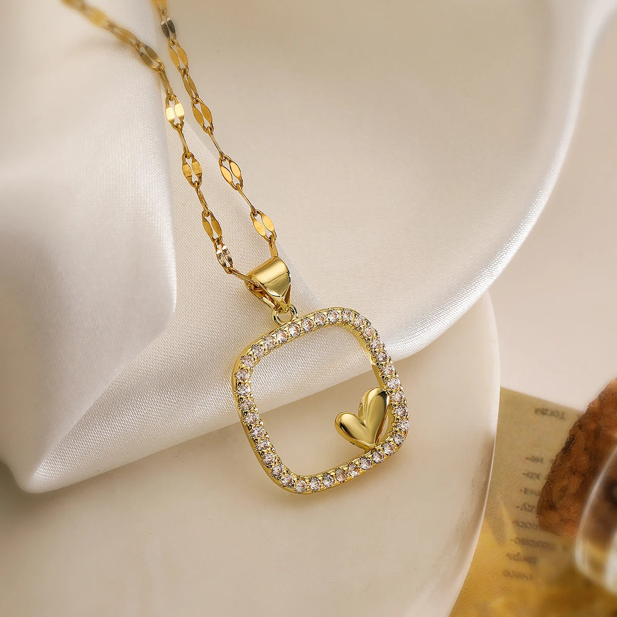 Shimmering Zircon Heart Necklace – Gold Stainless Steel