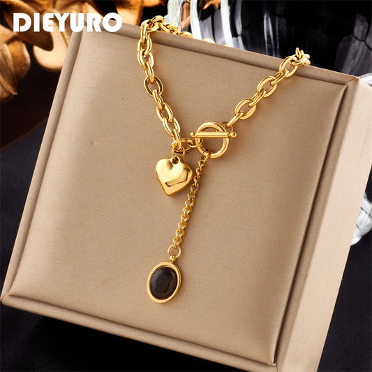 Stainless Steel Heart Pendant Necklace – Black Stone & Gold OT-Buckle Chain Jewelry for Women