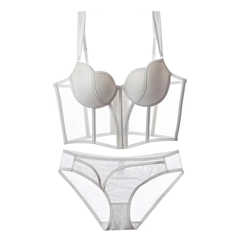 French Lace Dobby Corset Lingerie Set – Soft Bra & Panties for Women, Romantic Wedding Body Shaper & Cropped Top Underwear