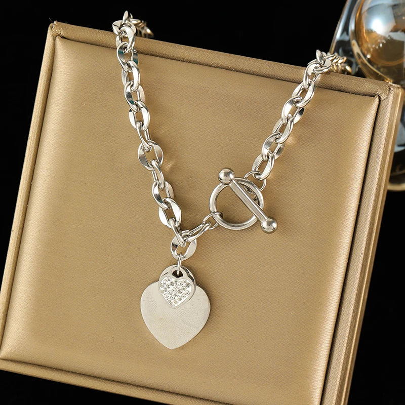 Elegant 3-Color Double Heart Necklace & Bracelet Set – Stainless Steel, Gold/Silver, Waterproof Crystal Jewellery for Women