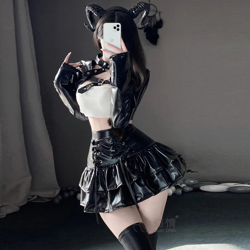 Sexy PVC Anime Student Girl Leather Combat Uniform Women Camgirl Outfits Cosplay Costume
