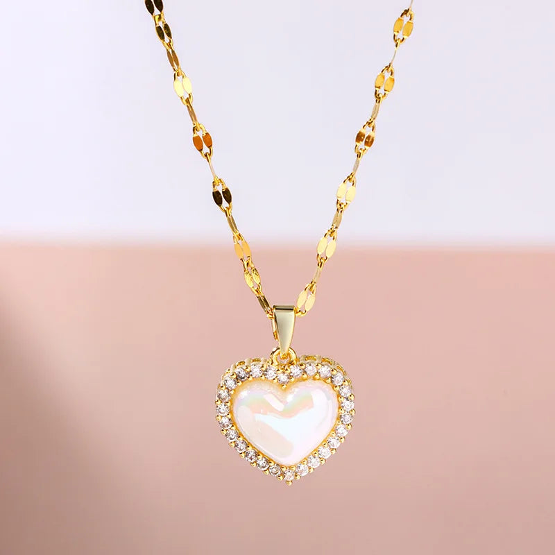 Golden Pearl Heart Necklace with Crystal Pendant