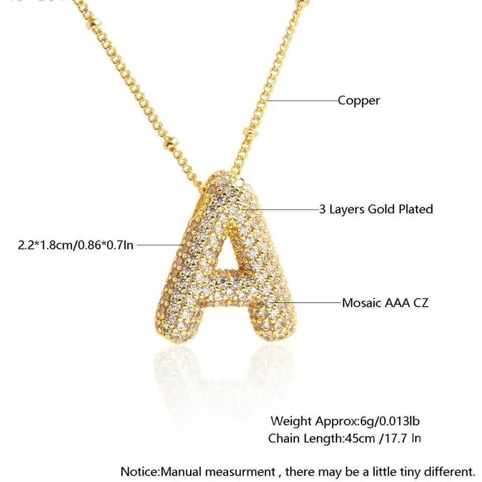 Gold-Plated Zircon Initial Necklace – A–Z Balloon Letter Pendant, Minimalist Collarbone Chain for Women