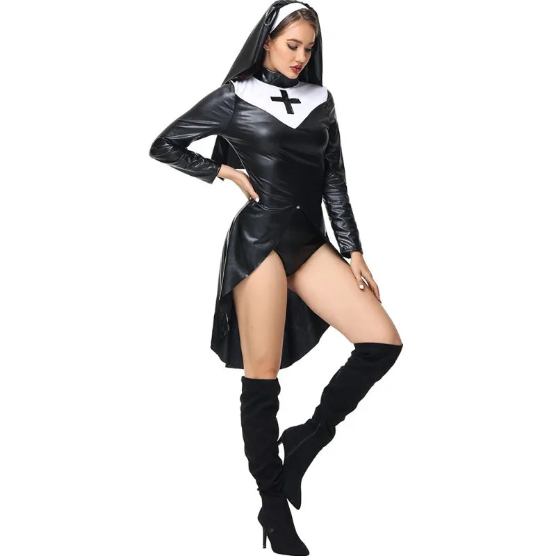 Sexy Sultry Patent Leather Jumpsuit – Naughty Nun Cosplay Outfit for Women | Festival & Roleplay Costume