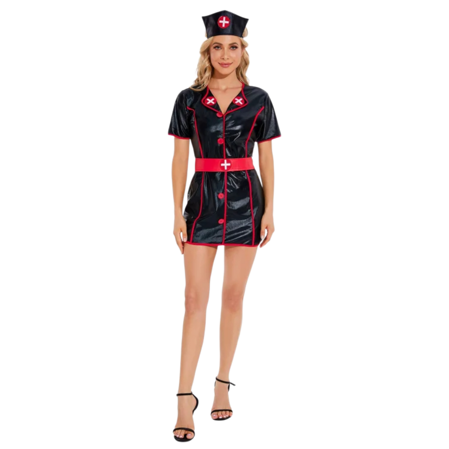 Sexy Black & Red Nurse Cosplay Uniform – PU Leather Doctor Roleplay Outfit with Nurse Cap & Belt