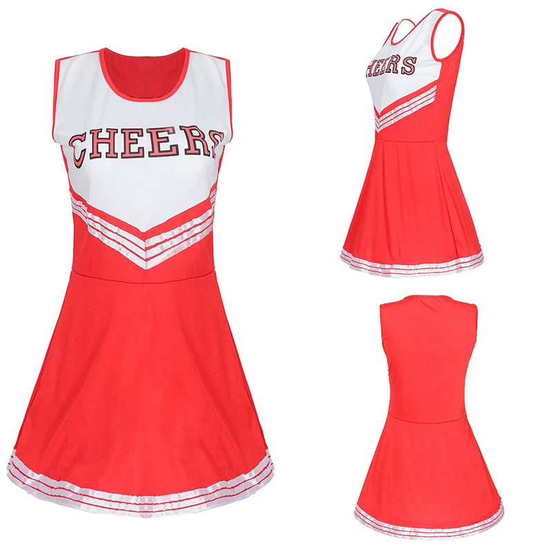 Cheerleader Cosplay Costume for Ladies – High School Uniform Dress with Pompoms for Halloween, Carnival & Party Fun