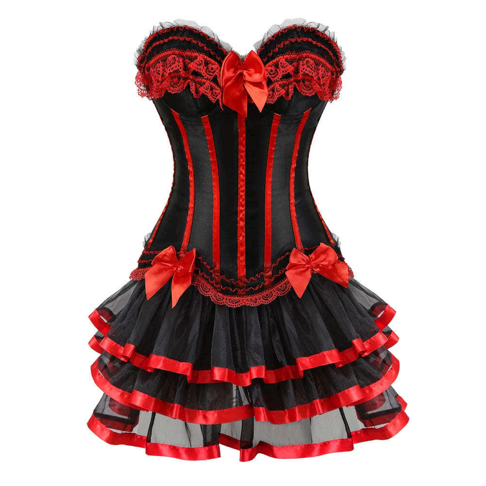 Sexy Red Corset Dress with Straps – Lace-Up Bustier Top & Mini Skirt Set, Showgirl Carnival Party Costume for Women