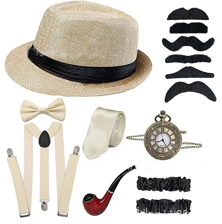 Roaring 20s Gatsby Gangster Accessory Kit – Vintage Panama Hat, Bow Tie & Suspenders for Dashing 1920s Cosplay or Speakeasy Style