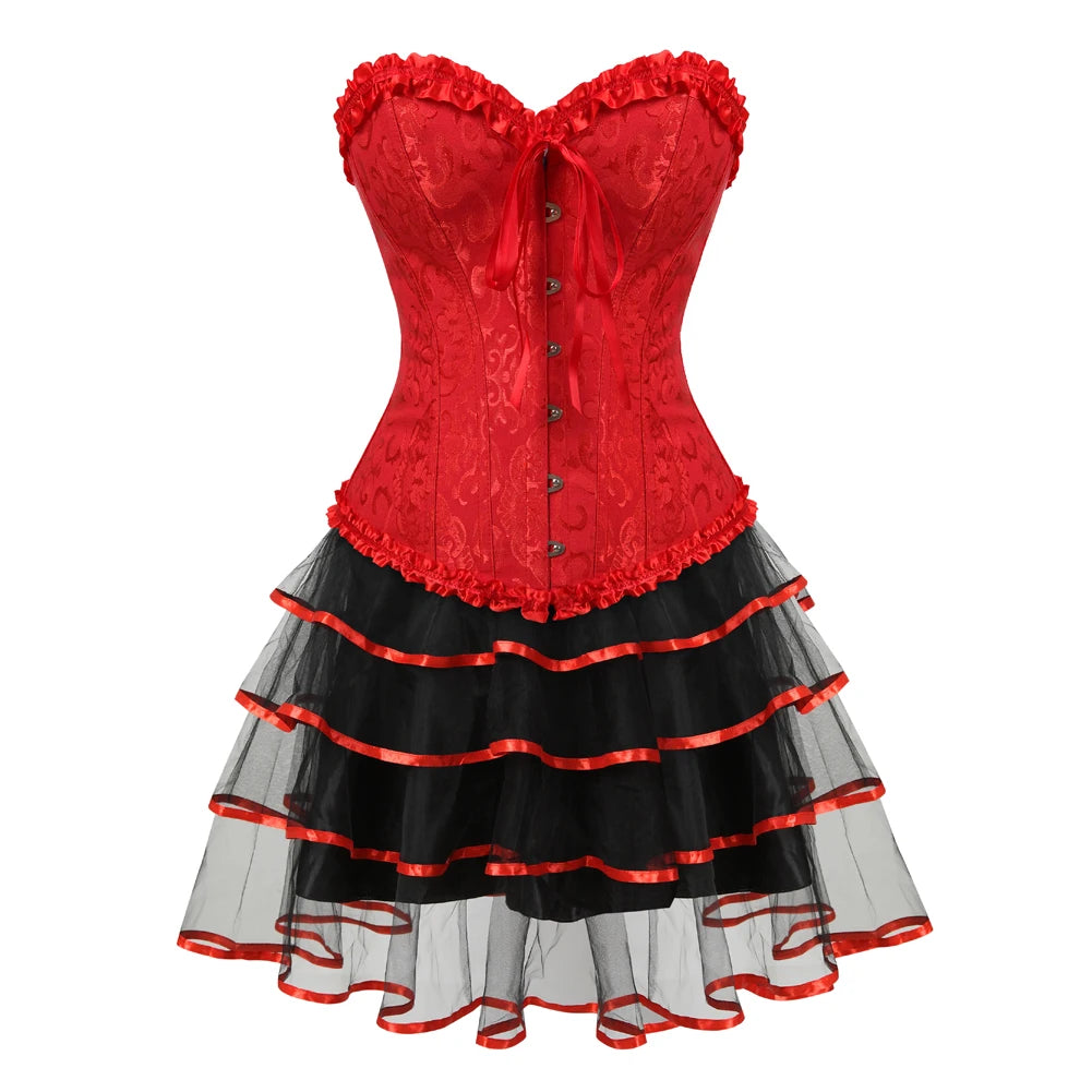 Sexy Red Corset Dress with Straps – Lace-Up Bustier Top & Mini Skirt Set, Showgirl Carnival Party Costume for Women