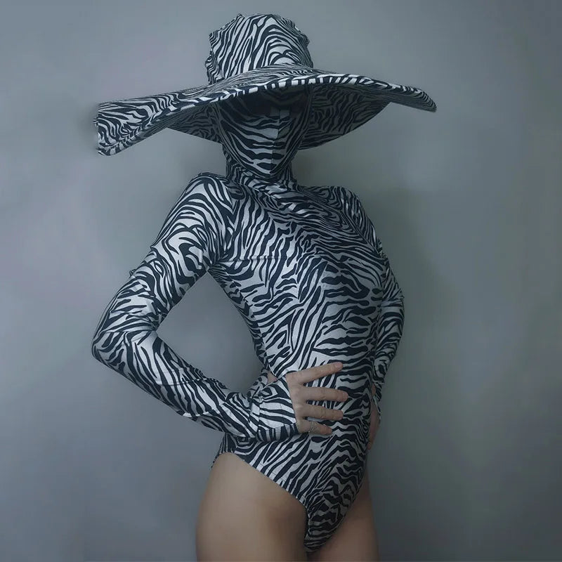 Lady Gaga-Inspired Sexy Gogo Costume – Women's Green & Black Zebra Stripe Bodysuit for Nightclub, DJ, Dance Performance, Rave Outfit