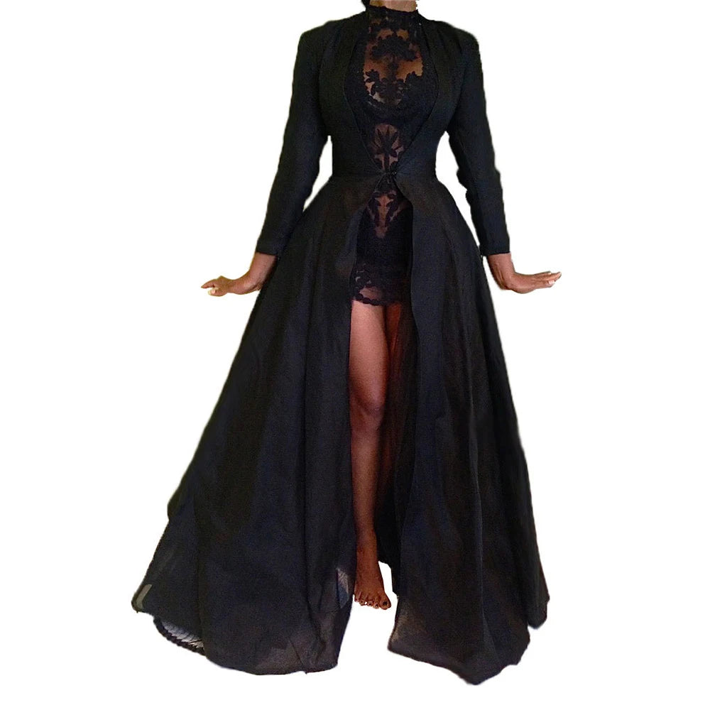 Sexy Gothic Lace High Waist Sheer Jacket Long Dress Gown Ladies Uniform Role Play Party Costume Dress Black Sexy
