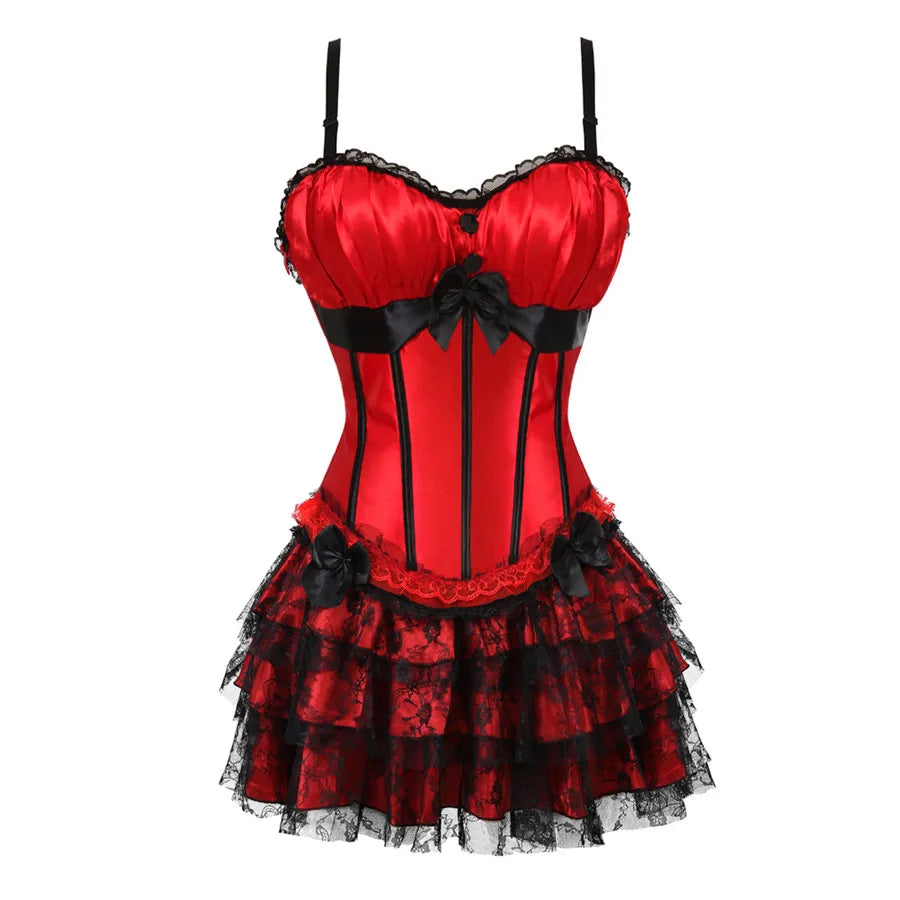 Sexy Red Corset Dress with Straps – Lace-Up Bustier Top & Mini Skirt Set, Showgirl Carnival Party Costume for Women