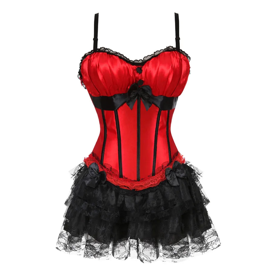 Sexy Red Corset Dress with Straps – Lace-Up Bustier Top & Mini Skirt Set, Showgirl Carnival Party Costume for Women