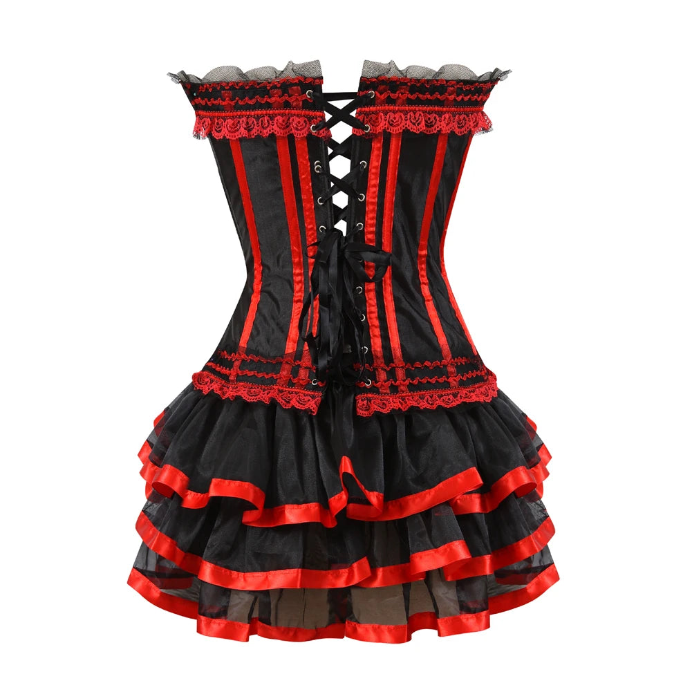 Sexy Red Corset Dress with Straps – Lace-Up Bustier Top & Mini Skirt Set, Showgirl Carnival Party Costume for Women
