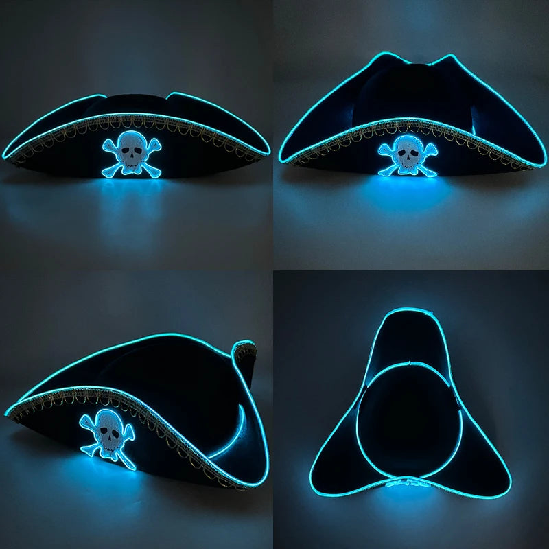 Glowing LED Pirate Hat – Black Skull Cap for Adults – Light-Up Halloween & Pirate Theme Party Costume Accessory